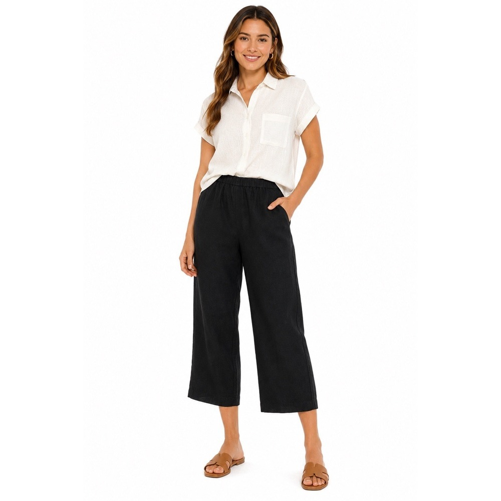 Eileen Fisher 100% Linen Cropped‎ Pants M Black Pull On Minimalist Quiet Luxury